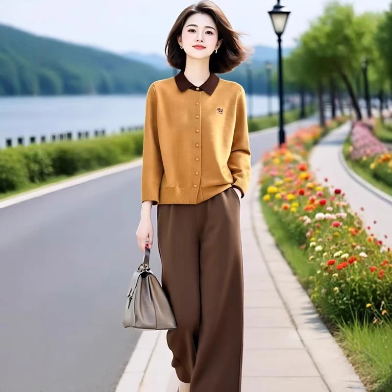 女装秋季洋气时尚翻领针织衫搭直筒裤两件套装