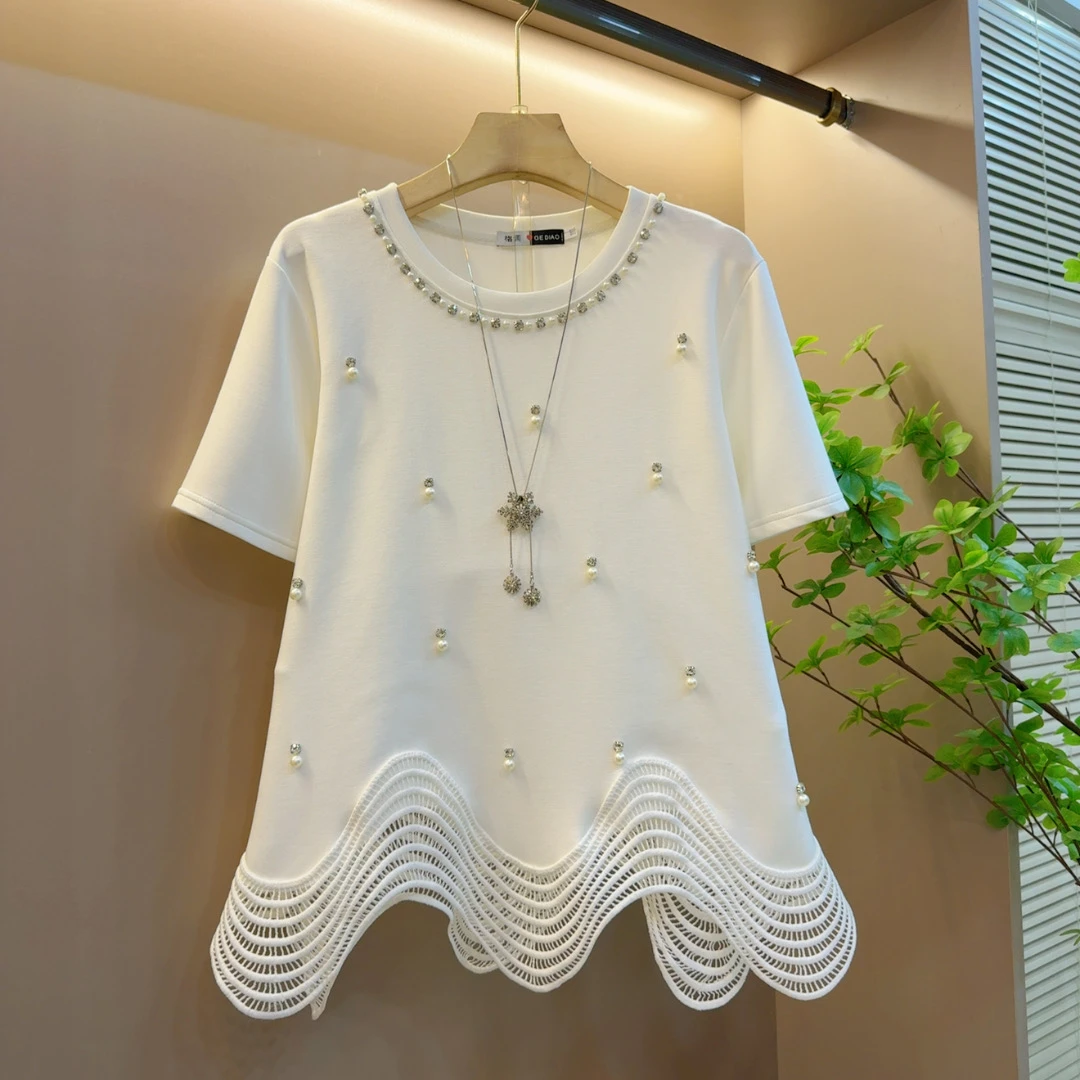 2025年夏季气质时尚收腰显瘦带钻设计款短袖上衣（长62左右）