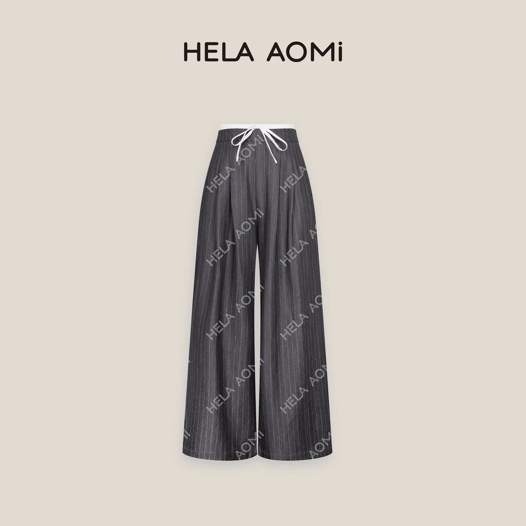 HELAAOMI “条纹裤”撞色双腰头拼接竖条纹休闲裤长裤CY5AM61539