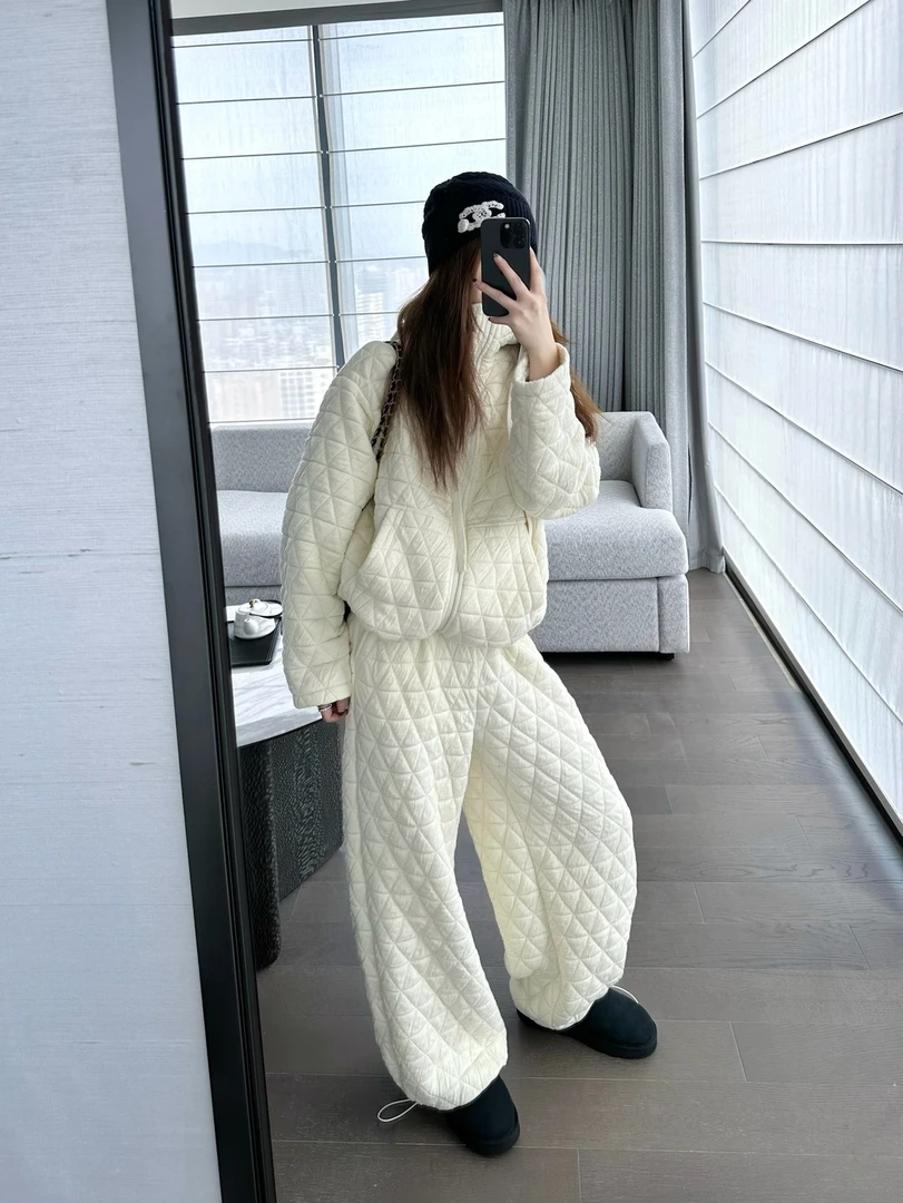 韩系时尚套装菱格棉衣棉服外套女秋季2025新款阔腿裤子棉裤两件套