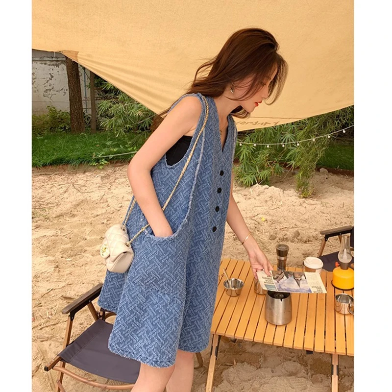 2025新款背心牛仔连体裤女夏季薄款设计感小个子宽松阔腿连体衣