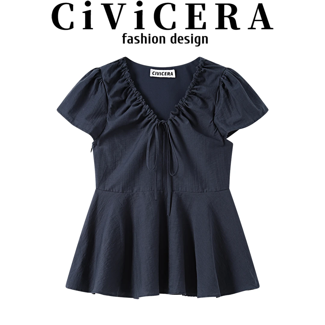 CIVICERA小个子甜美减龄系带V领小衫上衣女夏时尚百搭泡泡袖衬衫