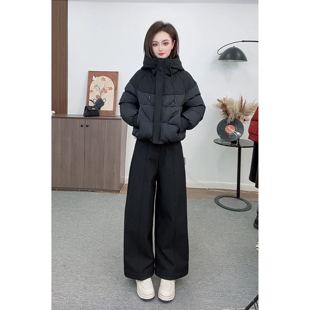 蔡小姐2025冬季新款女【棉外套+裤子】显瘦宽松拼接设计感时尚套装