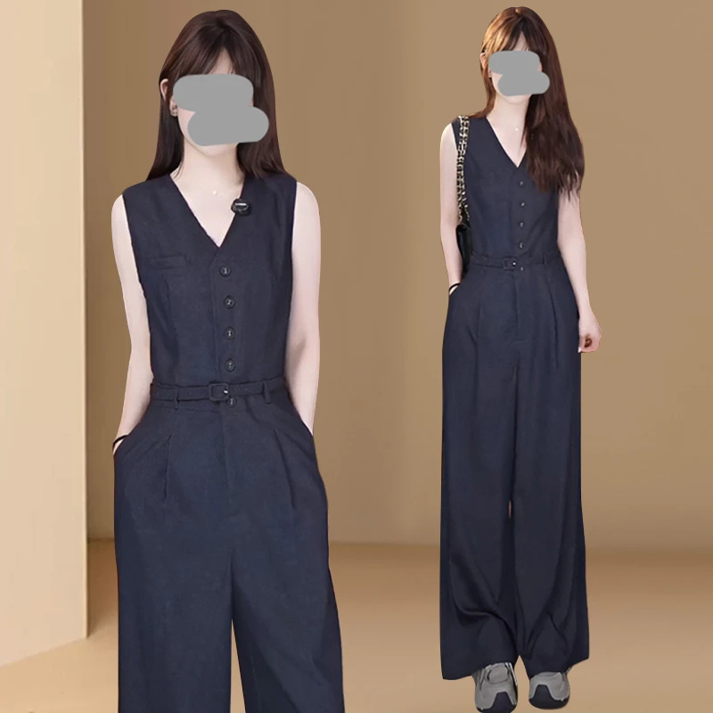 老钱风V领背心连体裤女2025新款腰带设计连衣裤松弛感工装阔腿裤