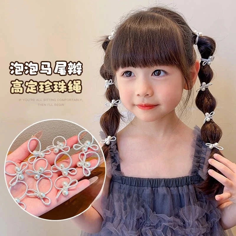 儿童银色蝴蝶结皮筋发圈珍珠拇指圈甜酷小女孩扎辫子头绳宝宝发绳