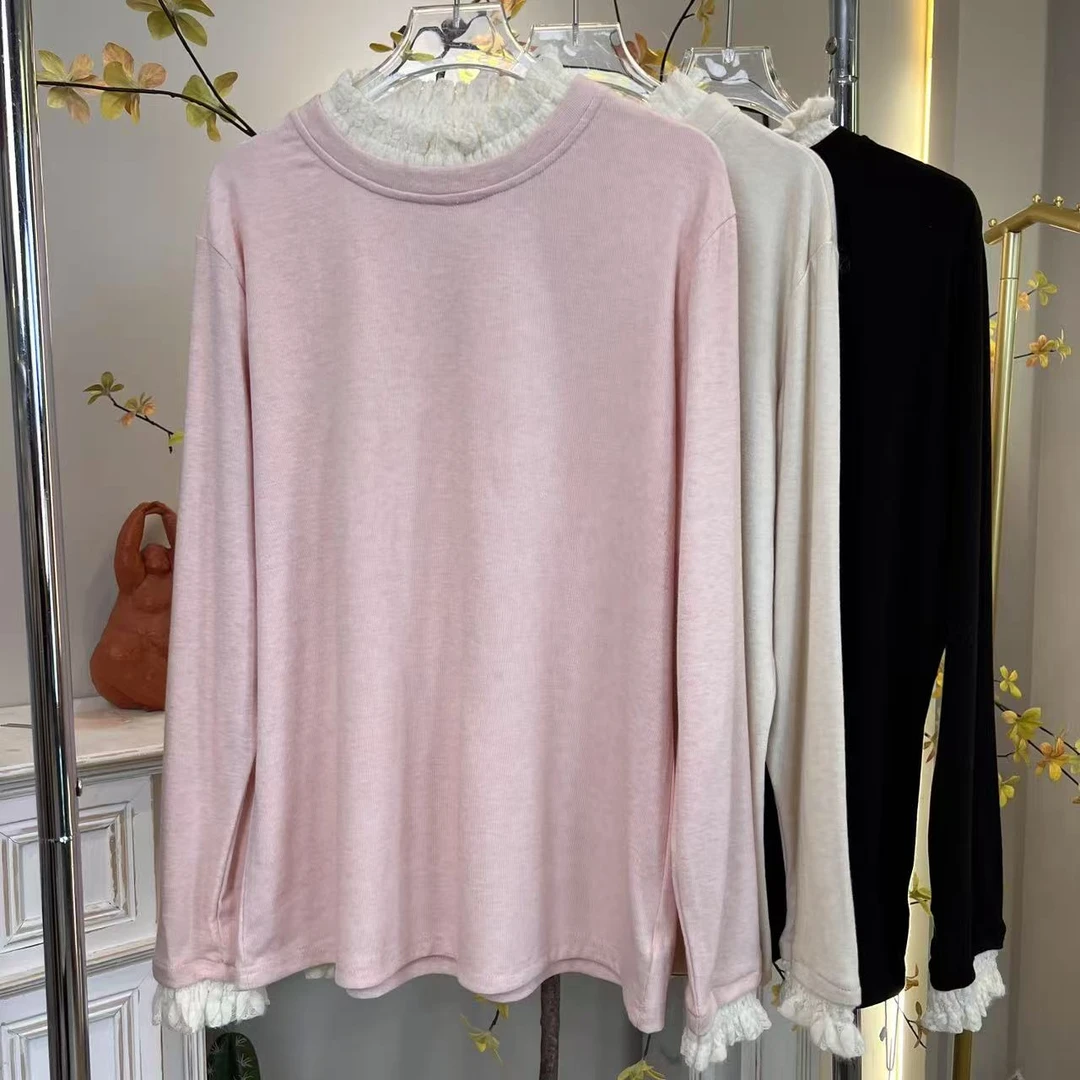 「秘境花园」东东家*605大码新款蕾丝拼接半高领显瘦甜美打底衫