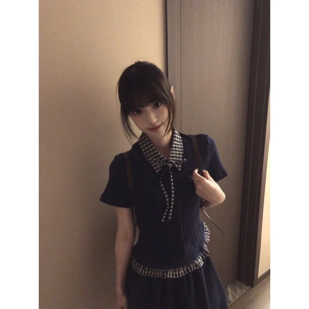韩系学院风格子翻领假两件上衣女夏季甜美减龄显瘦蝴蝶结针织T恤