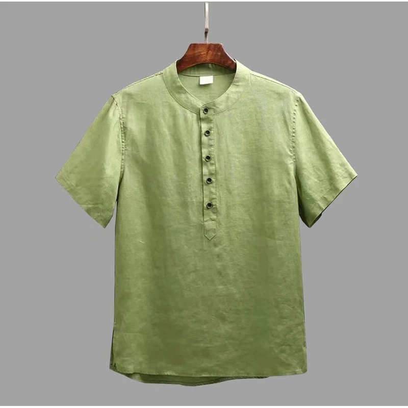 2025新款亚麻短袖衬衫中式休闲麻衬衣宽松透气套头衫男士薄款上衣