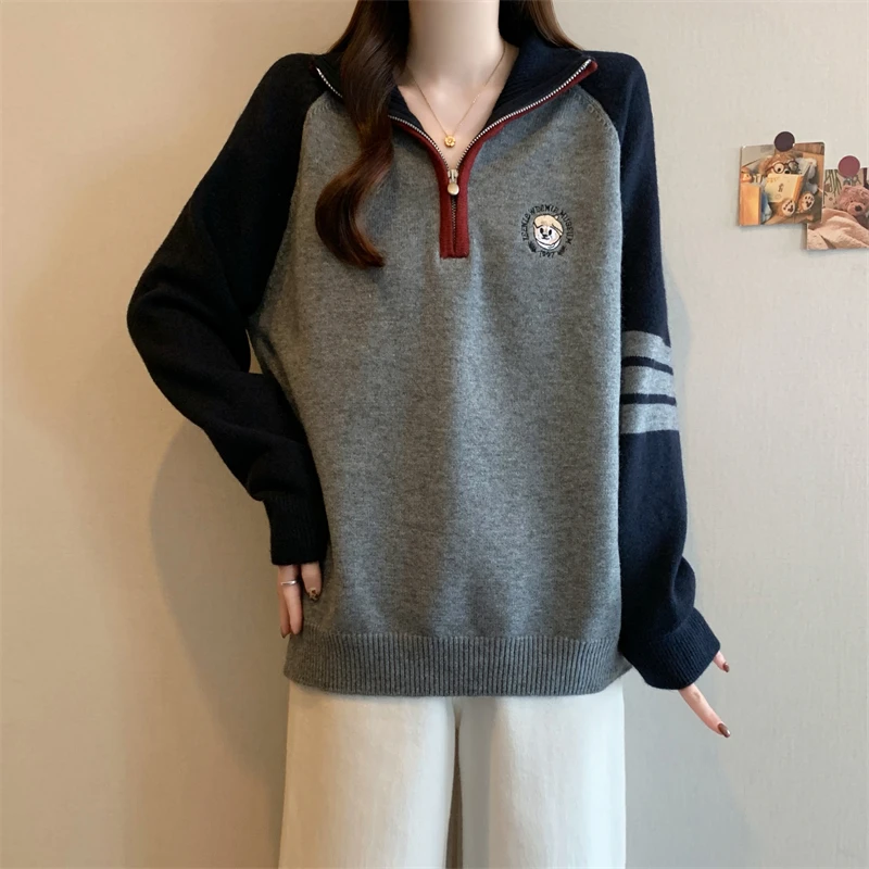 高级感拼色半拉链毛衣上衣女秋冬2025新款大码胖mm宽松针织衫内搭