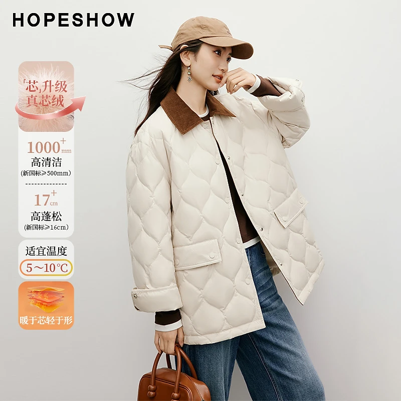 红袖2025冬季新款女装 90白鸭绒巴恩风灯芯绒拼接翻领落肩羽绒服