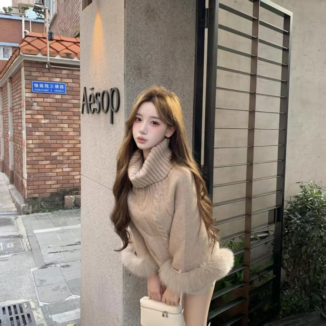 韩系毛毛长袖高领毛衣女秋季温柔甜美千金风宽松显瘦气质外搭上衣