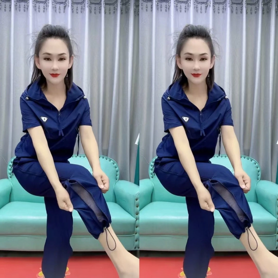 爆款套装2025夏季新款三角标连帽短袖工装裤时尚帅气薄款两件套女