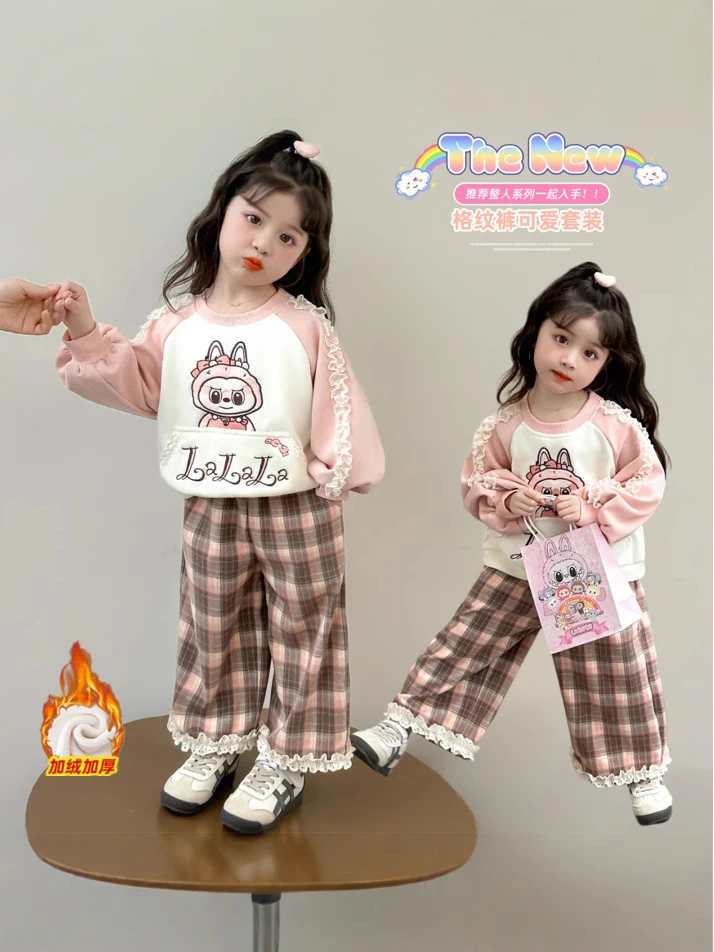 女童冬季加绒加厚卫衣套装拉布布阔腿裤两件套2025新款可爱宝宝