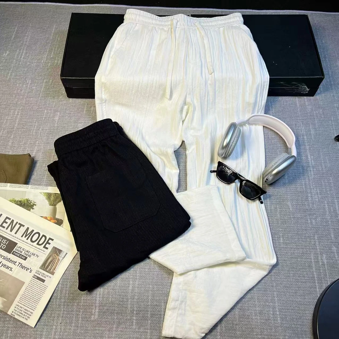 2025年夏季人字纹理多色棉麻透气休闲男士时尚直筒裤百搭条纹8030