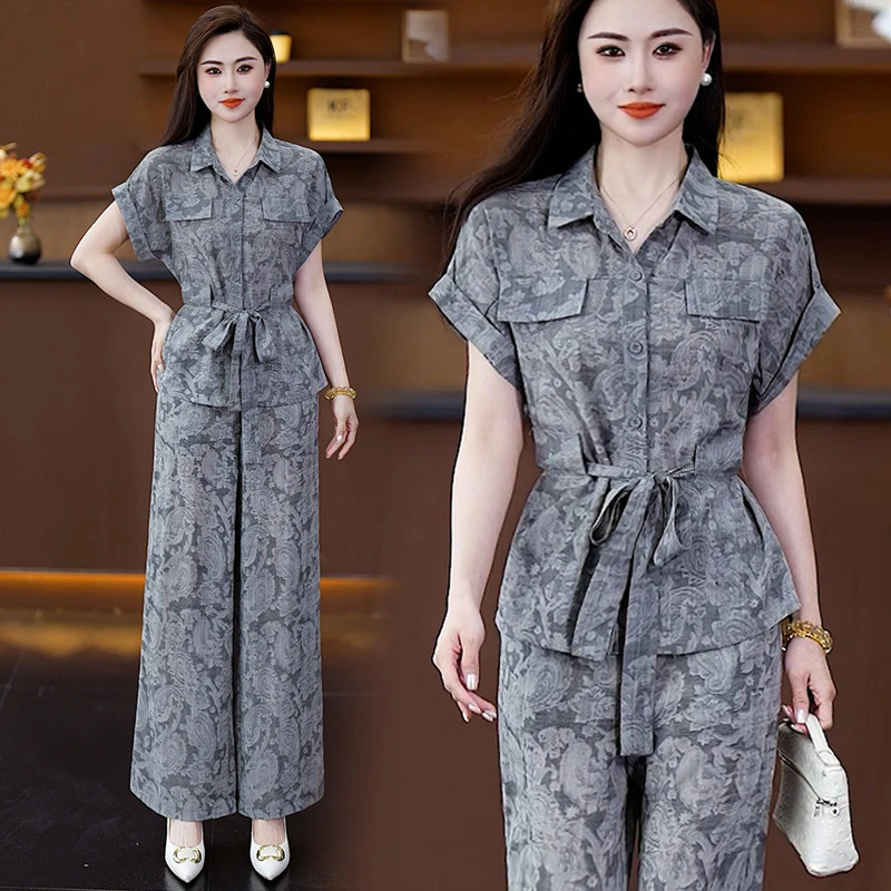 洋气印花短袖衬衣套装女夏年夏季新款轻奢显瘦阔腿衬衫两件套
