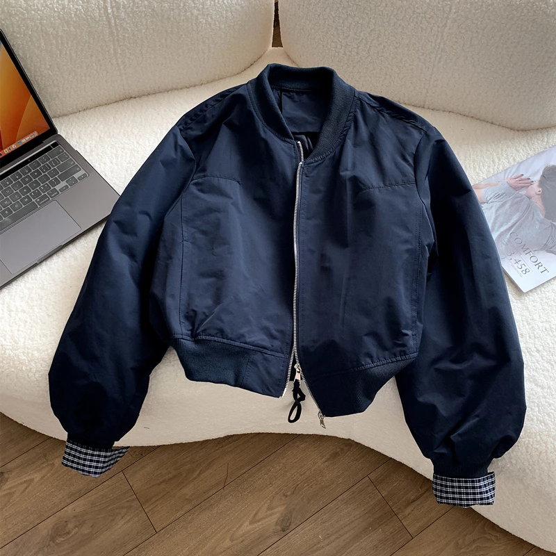 格子袖子短款外套女夹克棒球服休闲2025春季小个子假两件显瘦飞行