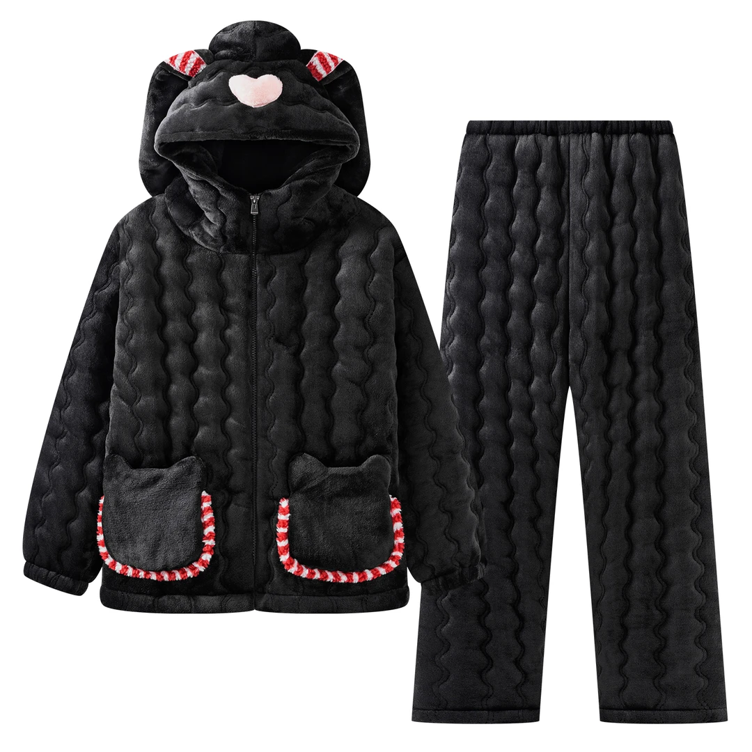 冬季加绒加厚三层夹棉睡衣女士连帽纯色保暖防寒家居服套装可外穿