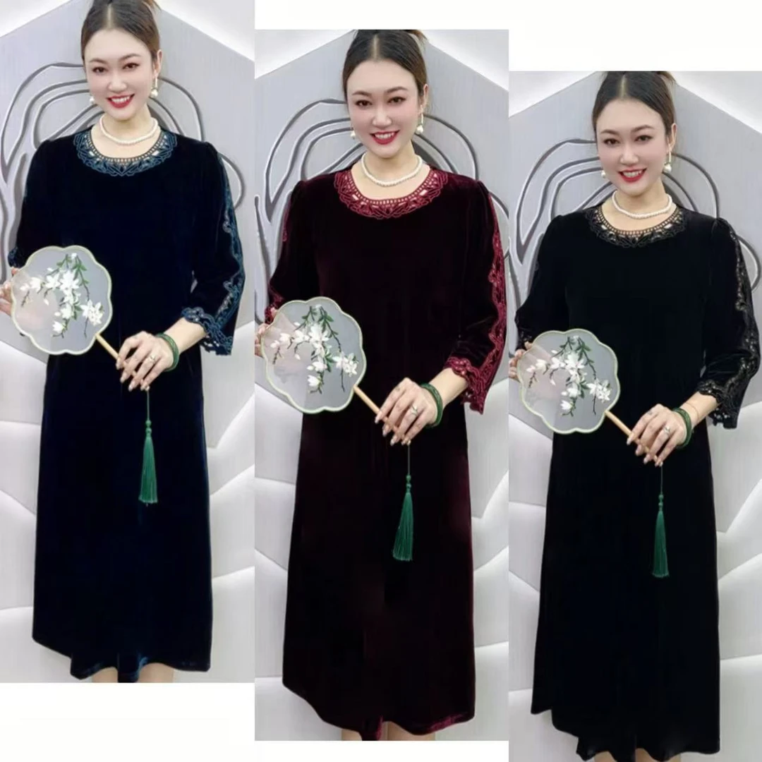 9552 高端贵气镂花显瘦净色中老年妈妈裙