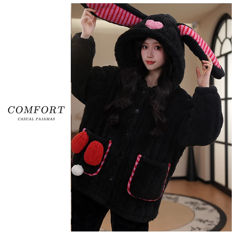【加加加厚-更保暖】珊瑚绒三层夹棉睡衣女士小个子连帽家居服套装