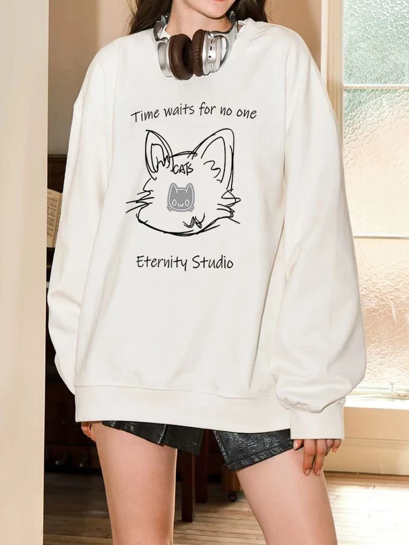 300斤加大码美式卡通创意猫咪圆领卫衣男女秋冬加绒加厚宽松上衣