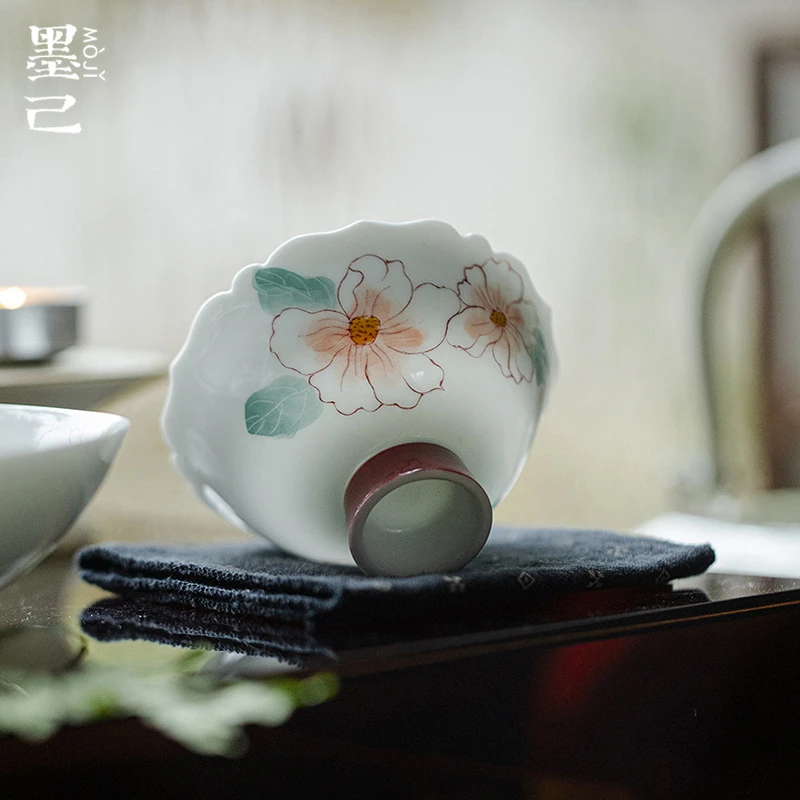 墨己玉泥白瓷手绘海棠如梦仿宋高足花口茶杯功夫茶具家用品茗杯