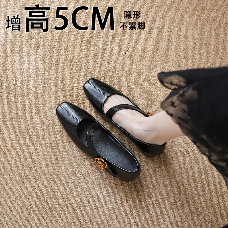 2025新款小皮鞋浅口内增高单鞋女粗跟一字式扣带法式玛丽珍女鞋
