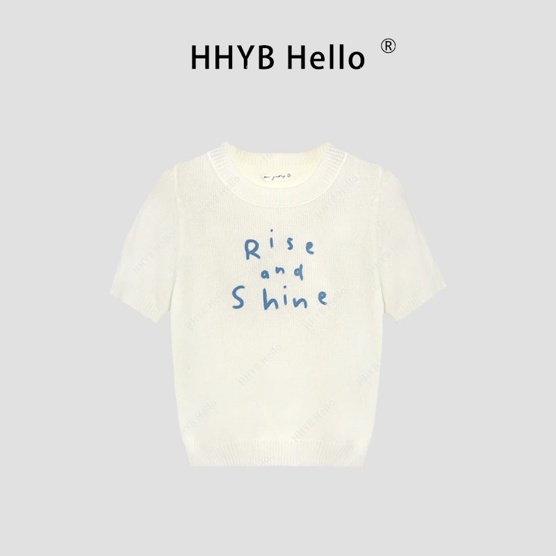 HHYB Hello撞色字母刺绣圆领短袖针织衫2025春季新款T恤上衣M1079