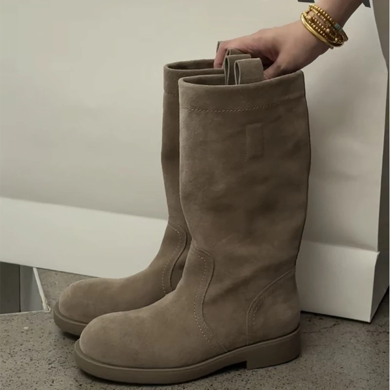 诗歌兰真皮厚底高筒靴女2025秋新款百搭马丁靴不过膝时装靴5882-3