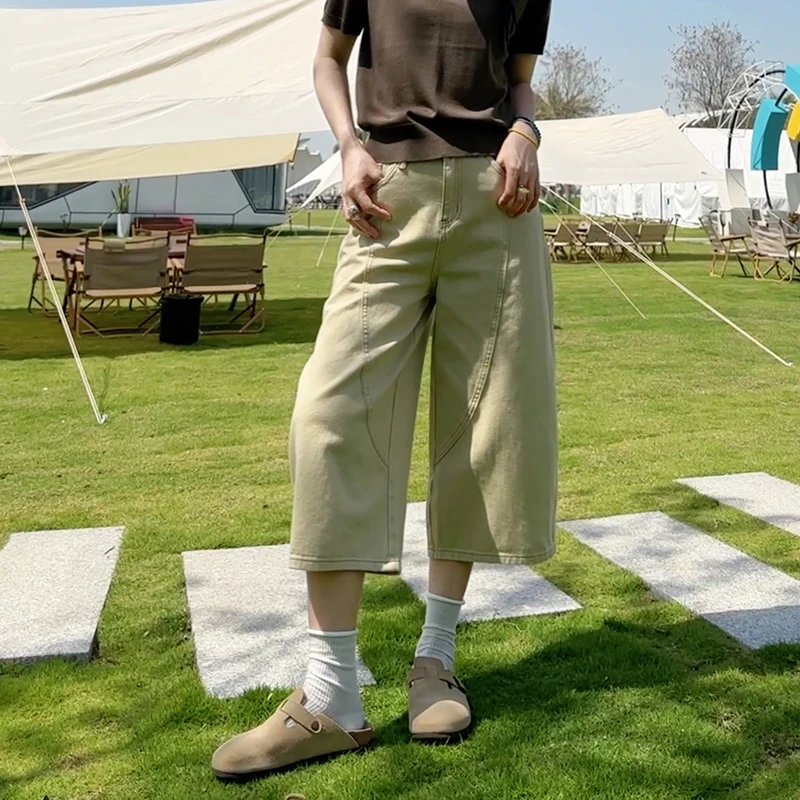 夏季八分裤宽松高腰2025新款阔腿牛仔裤女美式卡其显瘦直筒弯刀裤