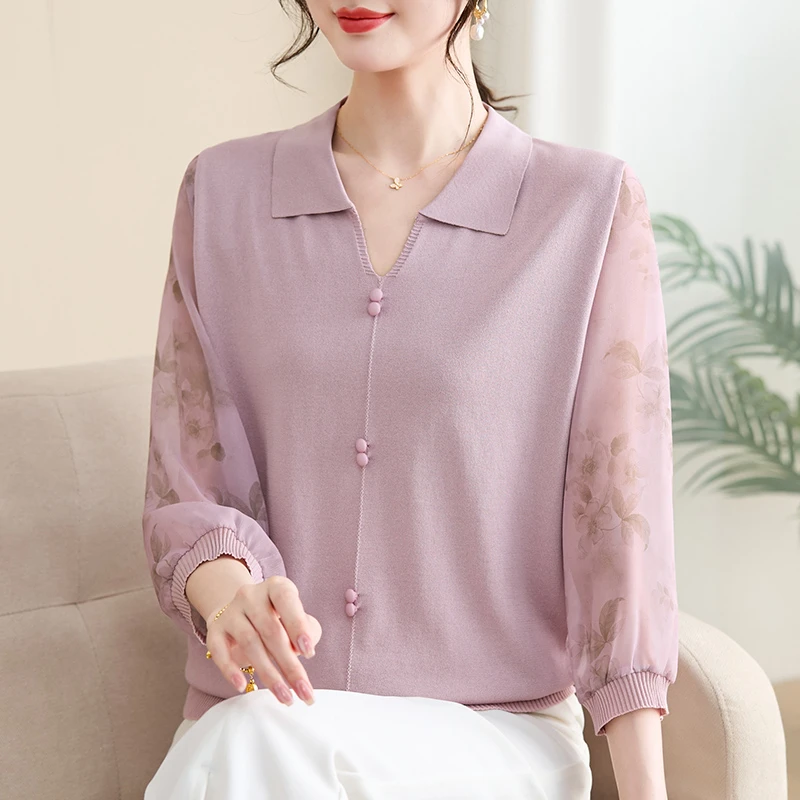 2025妈妈装夏装新中式针织衫上衣中老年女装薄宽松T恤翻领打底衫