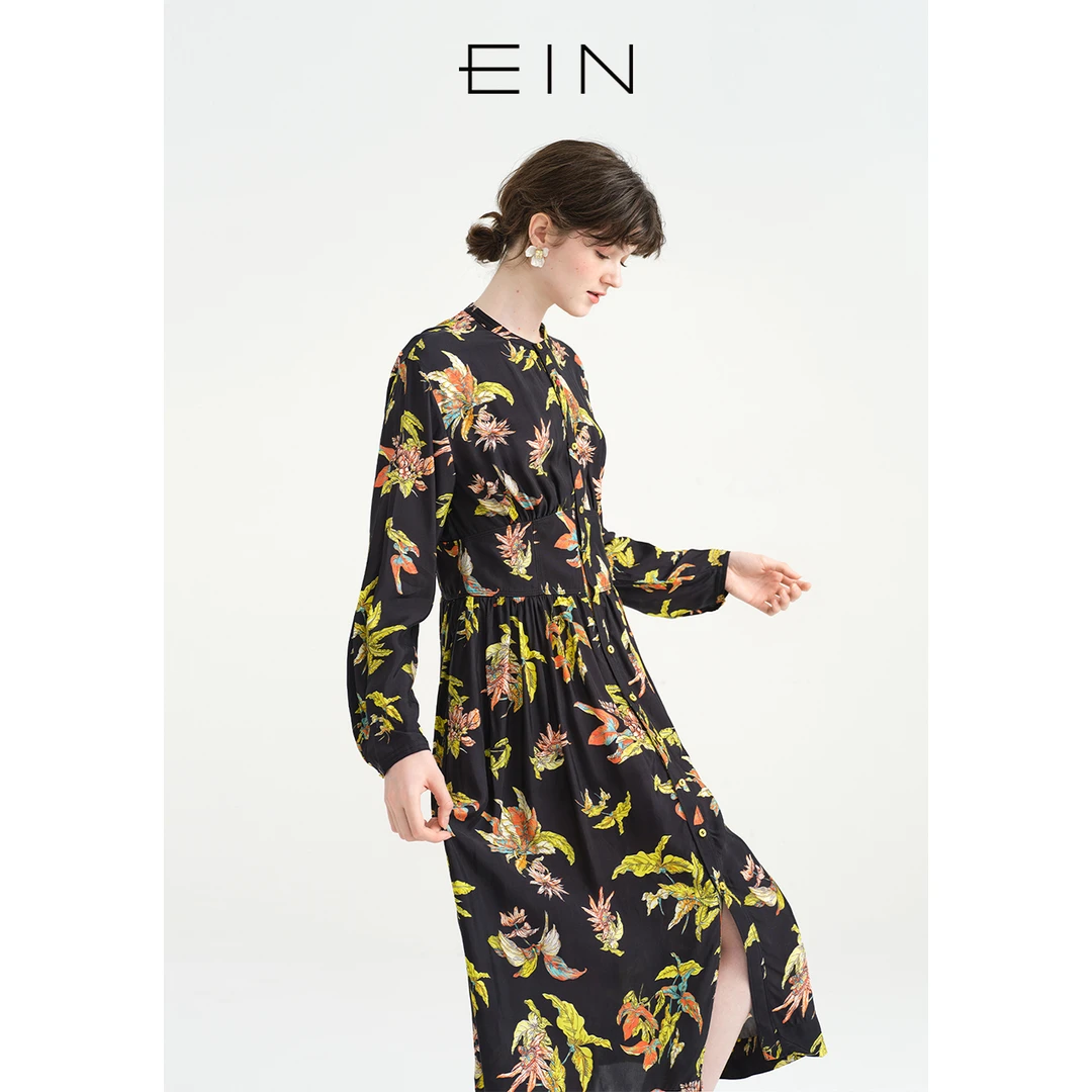 EIN/言热带花卉印花时尚气质桑蚕丝收腰碎褶长袖连衣裙