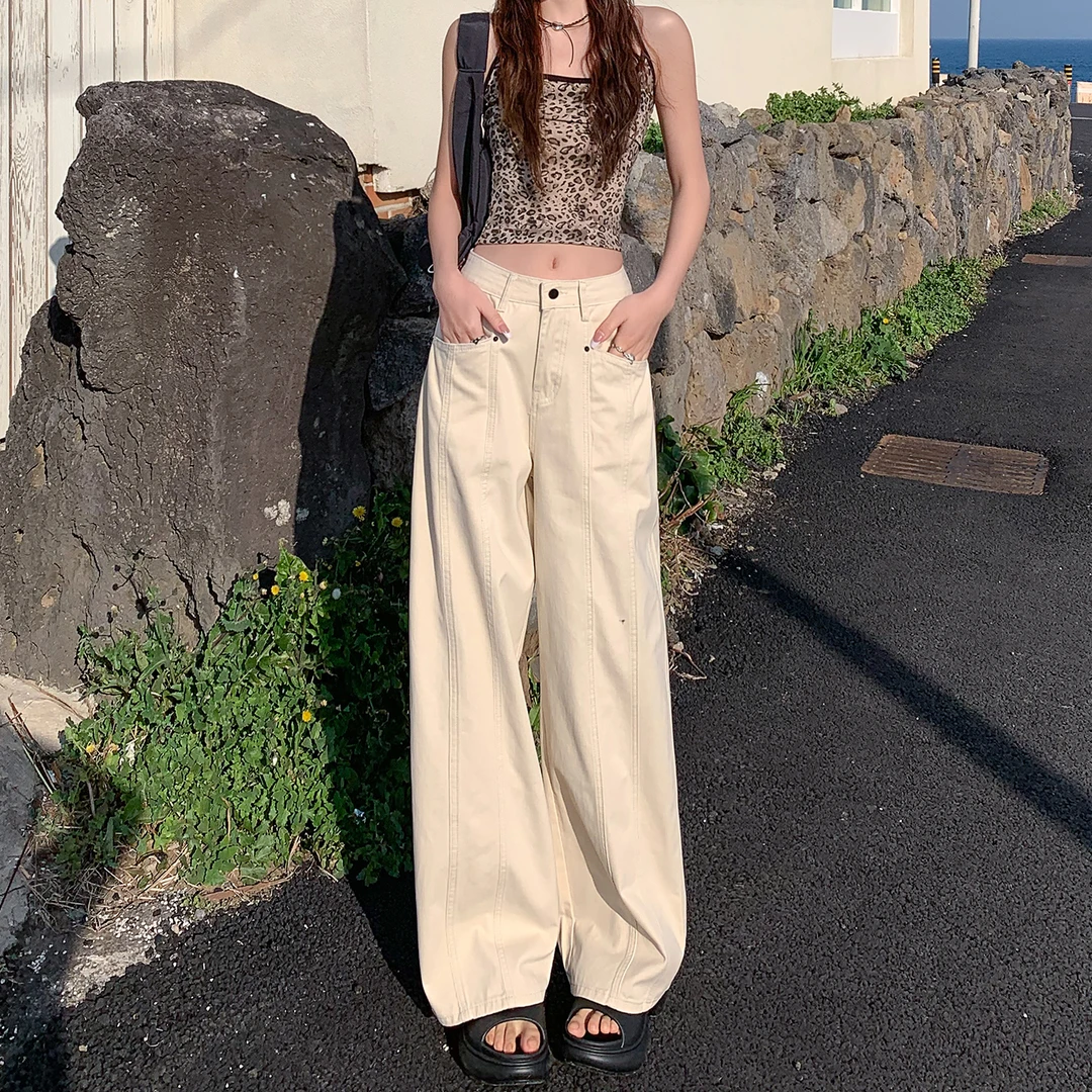 米白色美式牛仔裤女小个子2025秋季新款宽松垂感薄直筒阔腿牛仔裤