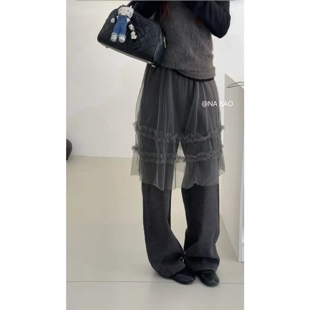 NABAO▶【女网纱花边毛呢裤百搭休闲裤】