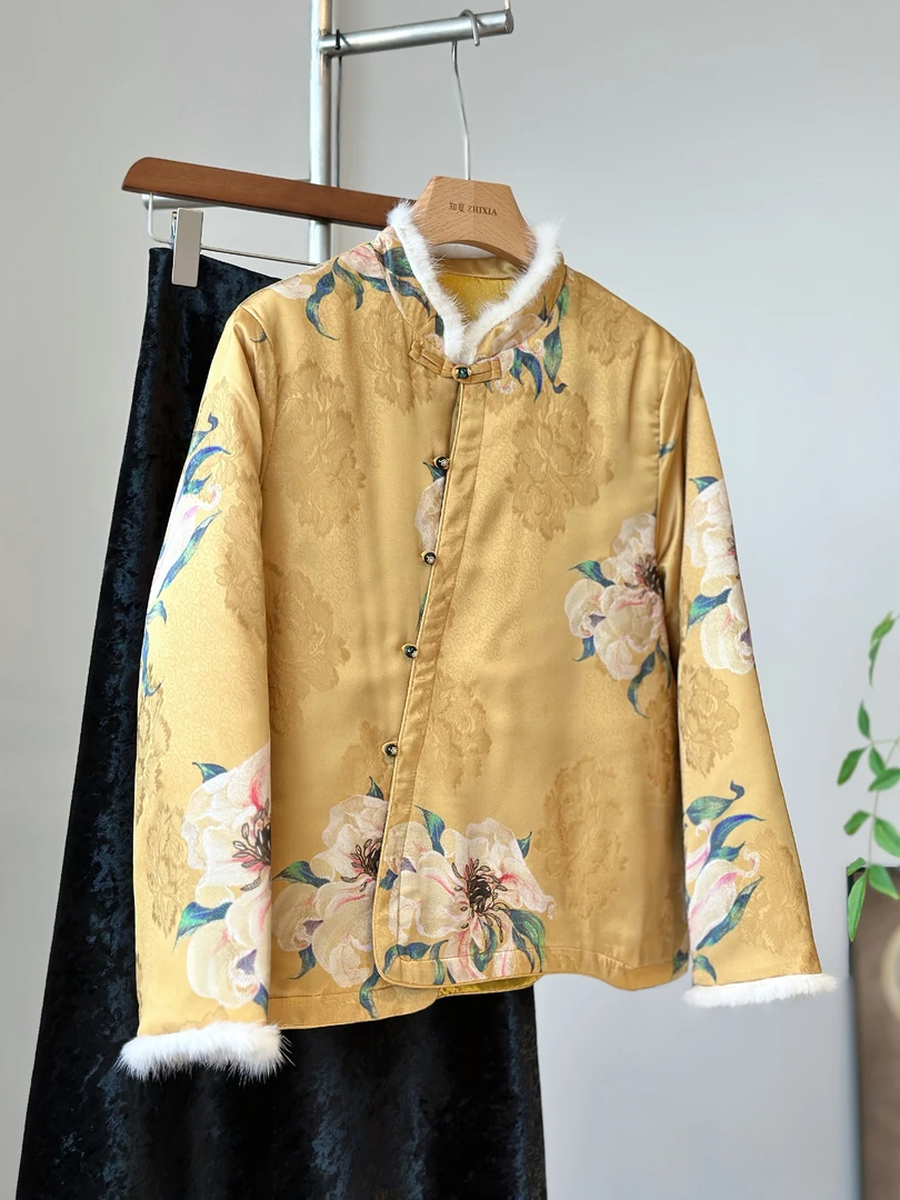 黄色高级感新中式水貂毛棉服外套女冬斜襟盘扣唐装棉衣