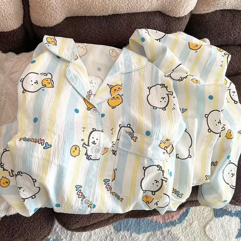 卡通自嘲熊睡衣女春秋夏季云朵棉长袖长裤套装少女可爱开衫家居服