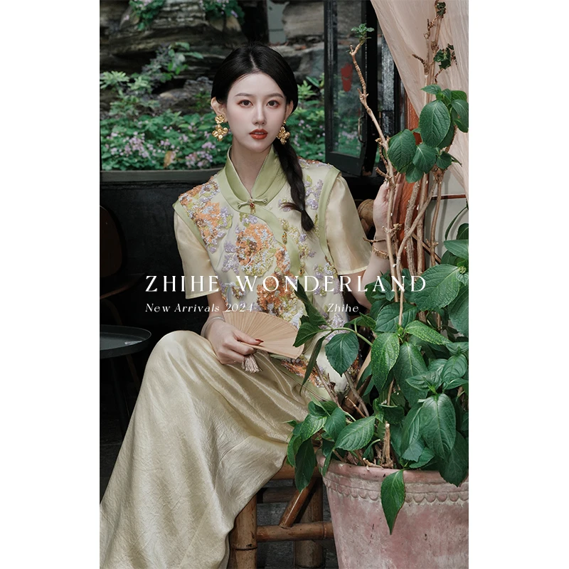 至禾Wonderland【瑰夏梦】原创华贵重工珠片绣马甲上衣+醋酸裤