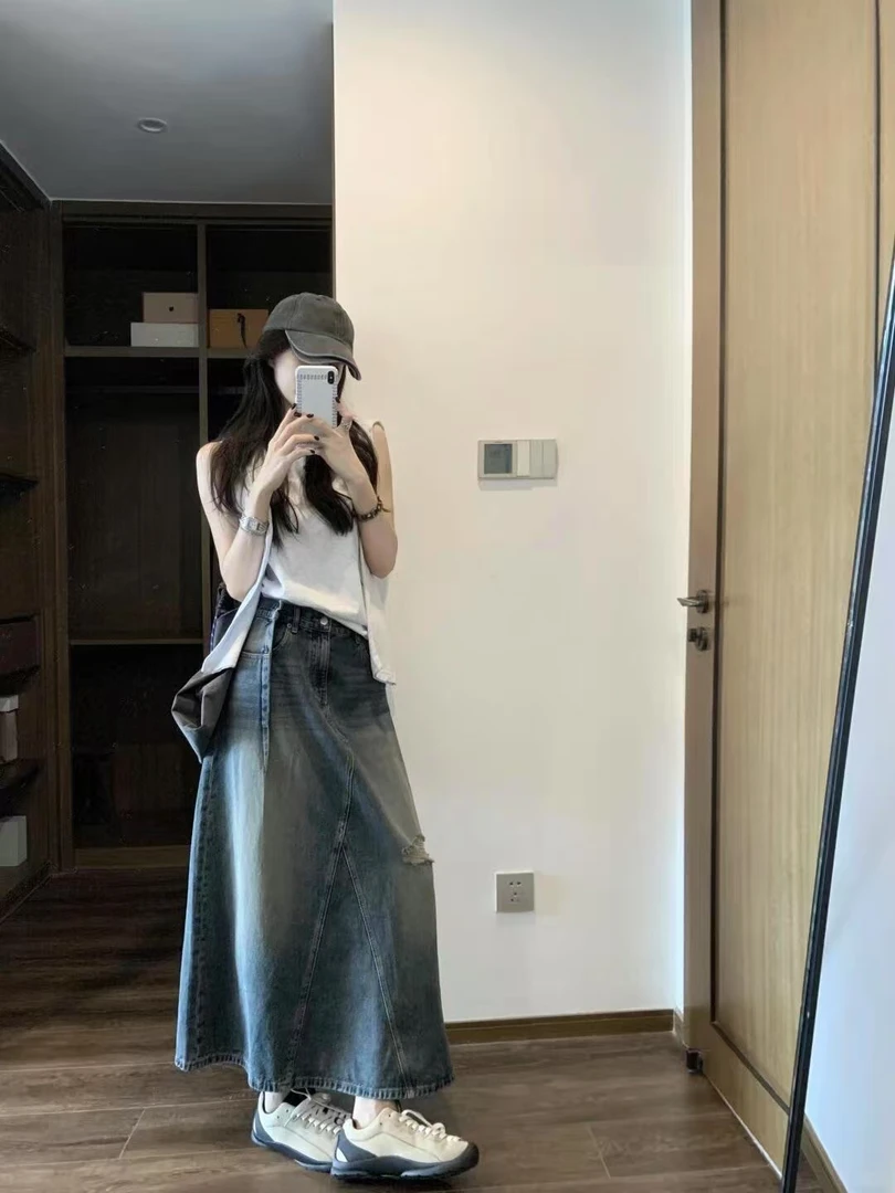 2025夏季新款假两件字母绑带设计针织坎肩背心上衣显瘦牛仔半身裙