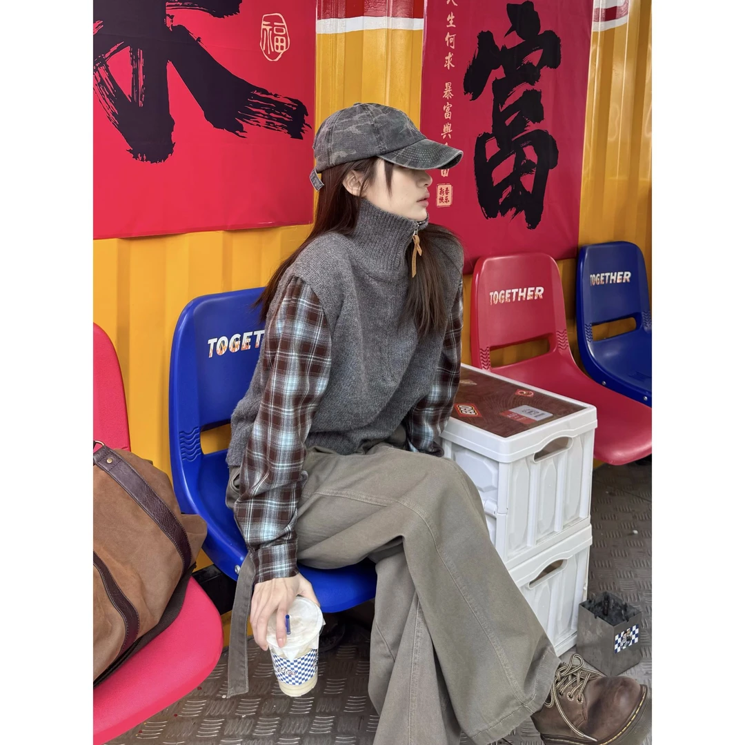 XFX 美式复古宽松格子拼接针织衫毛衣女春秋高领慵懒风长袖上衣潮