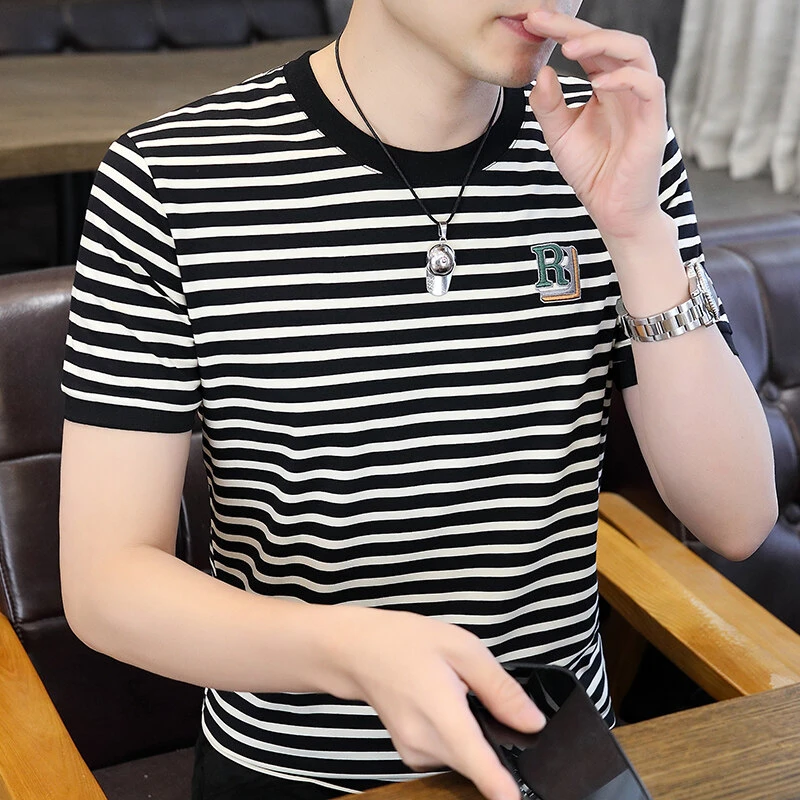 男士条纹短袖t恤衫2025年新款夏季薄款韩版修身青年百搭半袖上衣