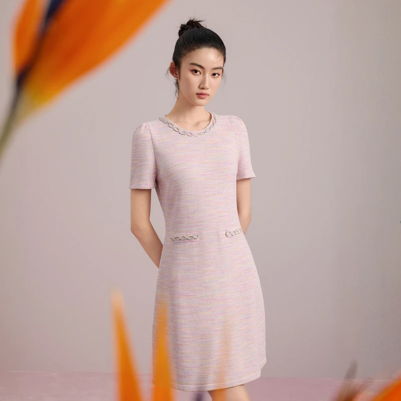 LIME/莱茵【千金美学】商场同款彩虹花纱针织连衣裙粉LDGC6BKOP001