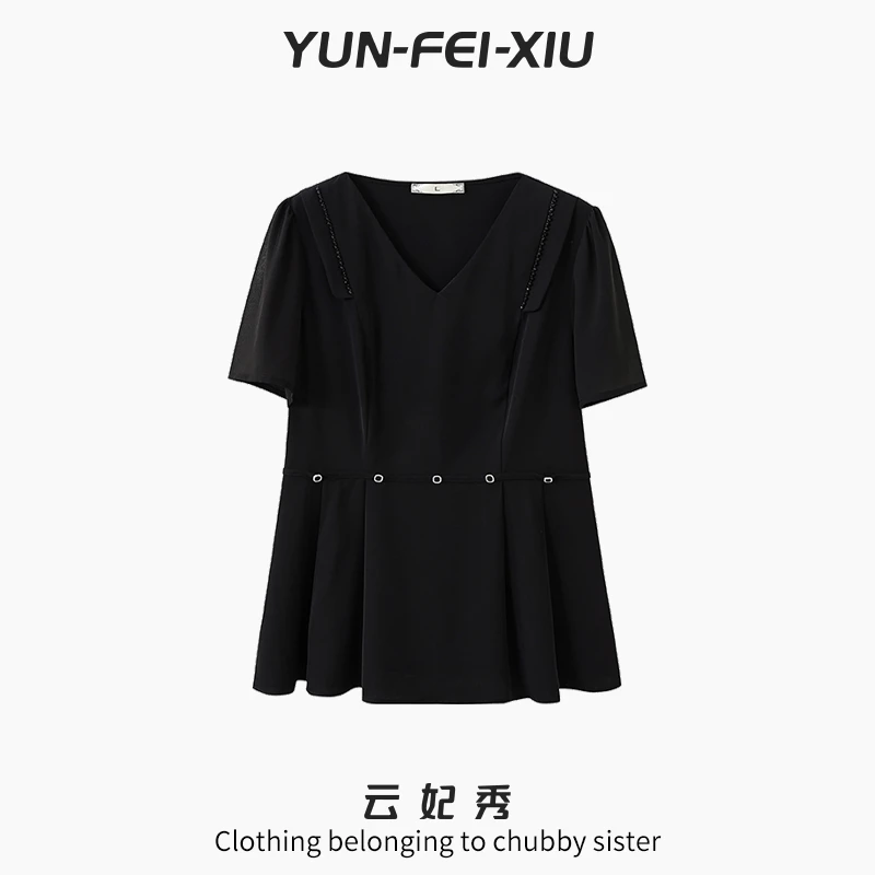 云妃秀大码女装T恤纯色拼接减龄上衣显瘦遮肉通勤韩版夏季3227