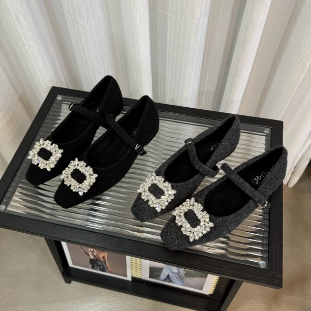 2024秋冬新款单鞋软底浅口粗跟尖头高跟气质平底时尚跟鞋低跟