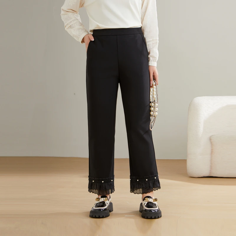 采多宝大码女装花边拼接微喇钉珠休闲九分裤ECK2391