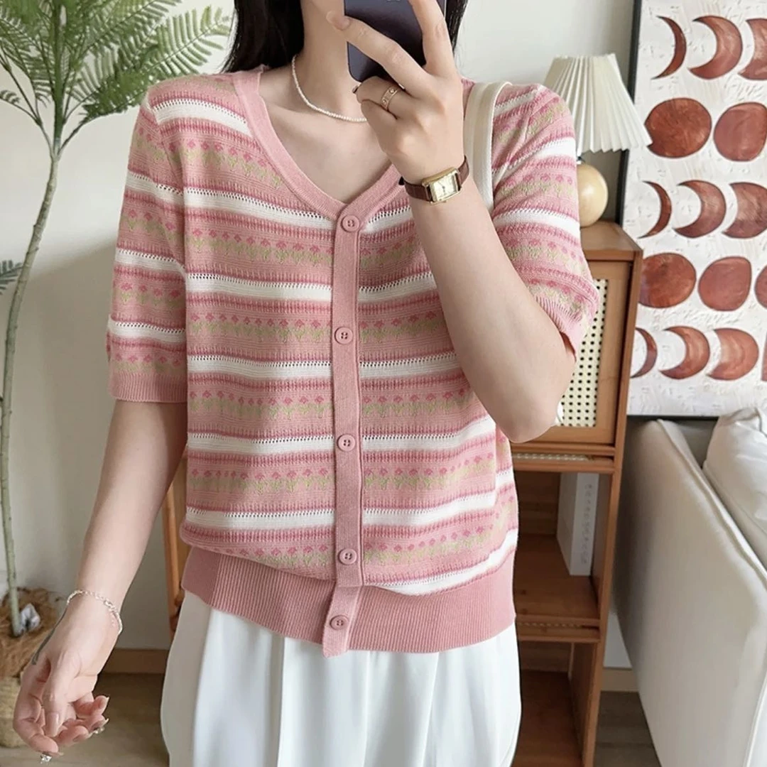 洋气钩花镂空短袖女夏季薄款V领套头假开衫打底T恤女宽松针织上衣