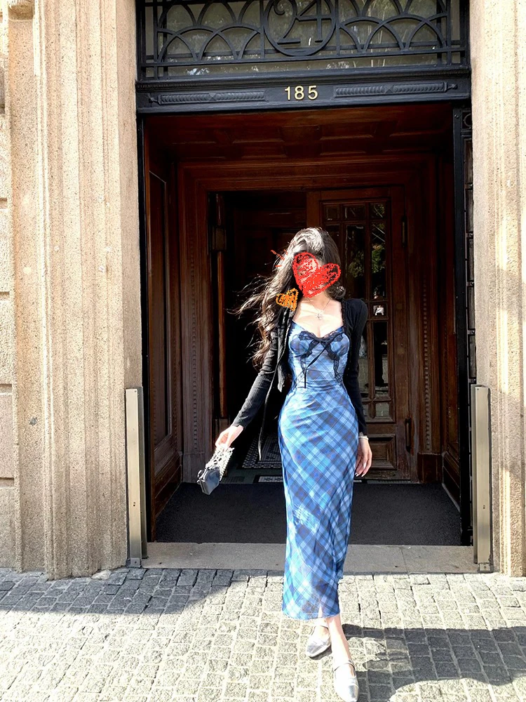 【蓝色港湾】格子吊带连衣裙早春新款三亚泰国海边度假出游长裙