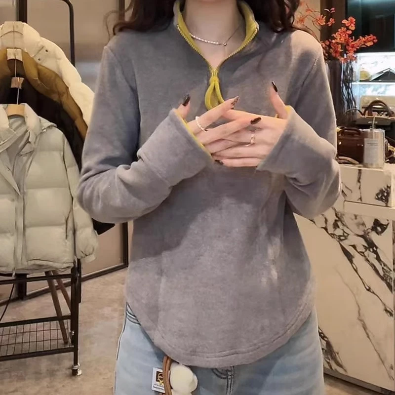 加厚立领长袖上衣女2024秋冬大码胖mm时尚洋气显瘦打底衫时髦穿搭