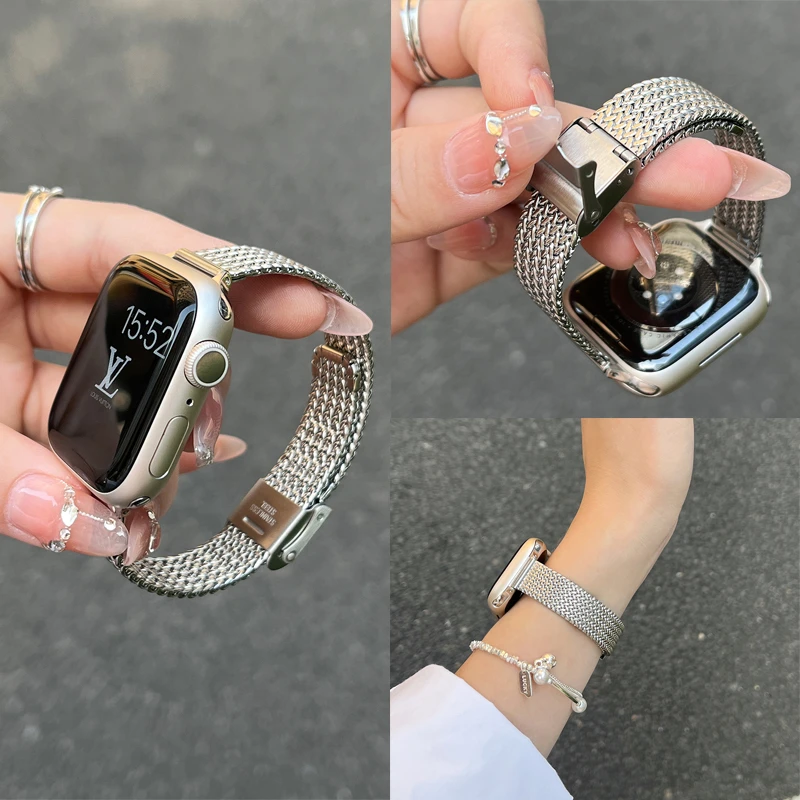 麦穗编织细款iwatchs9表带适用苹果手表s10女款se金属8小香风夏天