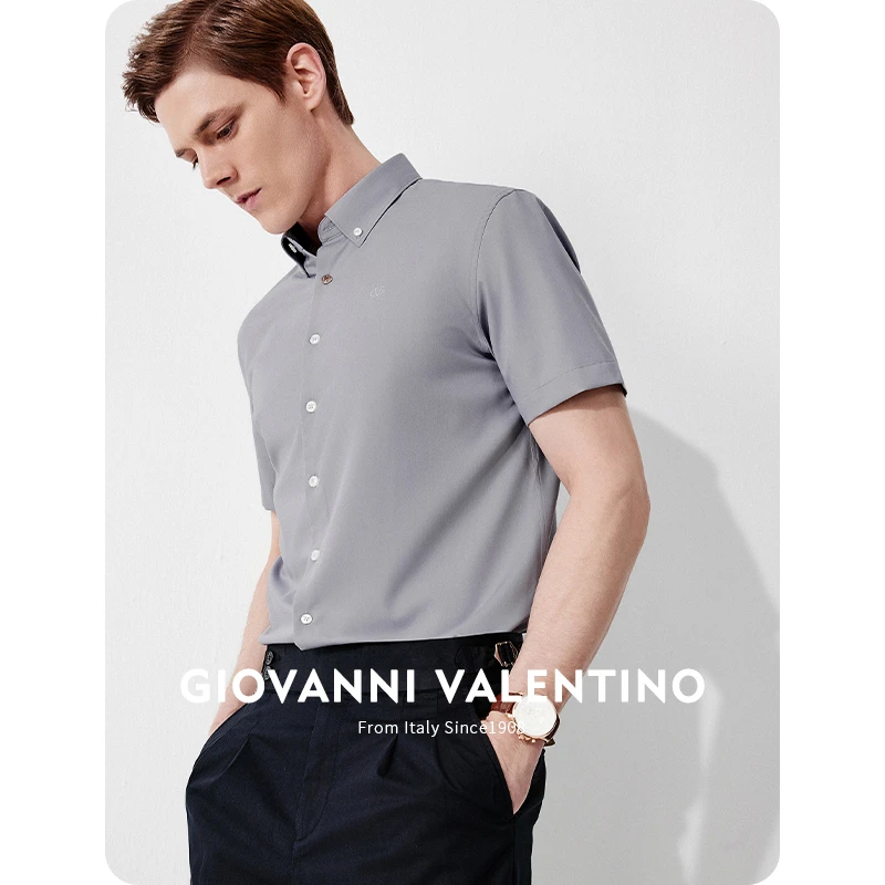 [三防]GIOVANNI VALENTINO夏季新款短袖衬衫男士灰色休闲商务衬衣