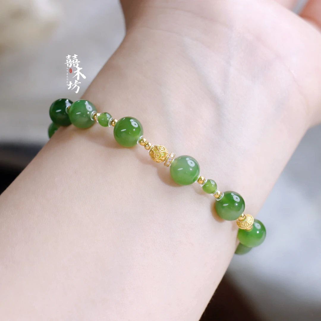 和田玉手串卡7.5MM苹果绿DIy设计款古法轻奢