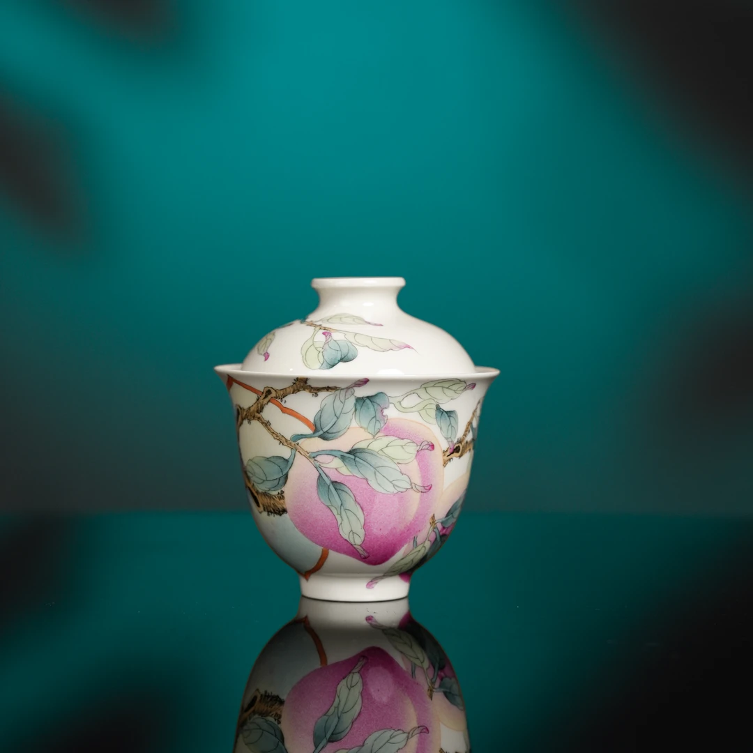 雅圣粉彩开窗缠枝桃子盖碗 景德镇手工手绘寿桃盖碗高端窑口精品